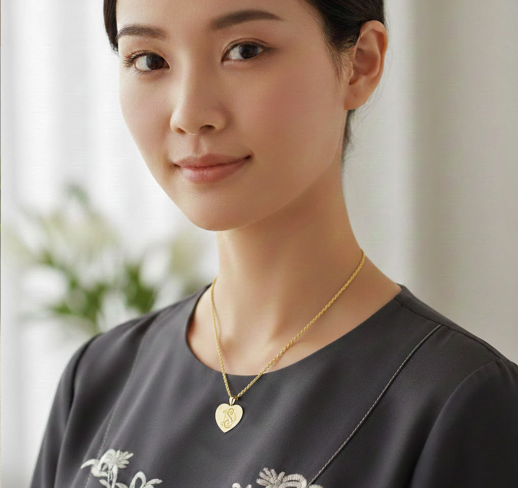 Custom Monogram Heart Pendant in 14K Solid Gold | Engravable