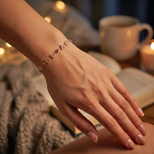 Customizable Initial Diamond Pave and Birthstone Station Bracelet in 14K Gold
