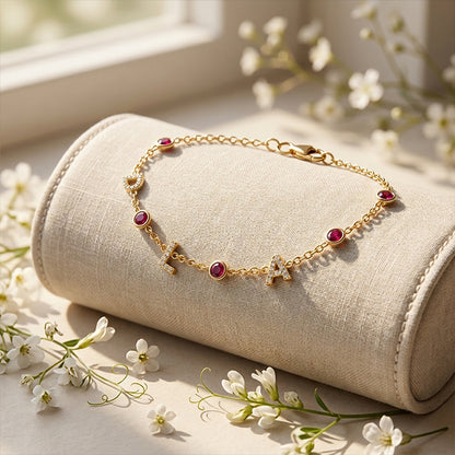 Customizable Initial Diamond Pave and Birthstone Station Bracelet in 14K Gold