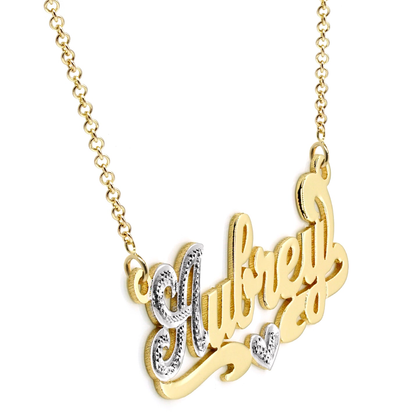 Nameplate with 14K Gold and Rhodium Sparkle on First Letter | Script Text