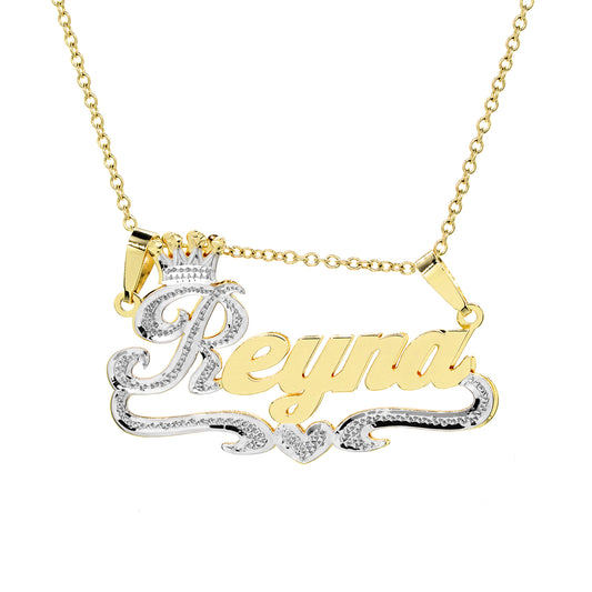 Custom 14K Gold Nameplate Necklace with Crown | Double Bail