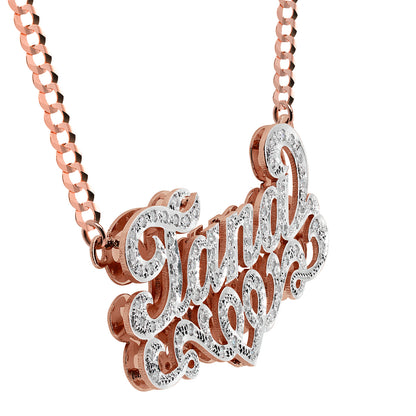 75 Diamonds and 14K Gold Double Name Plate Necklace with Curb Chain  | Script Text