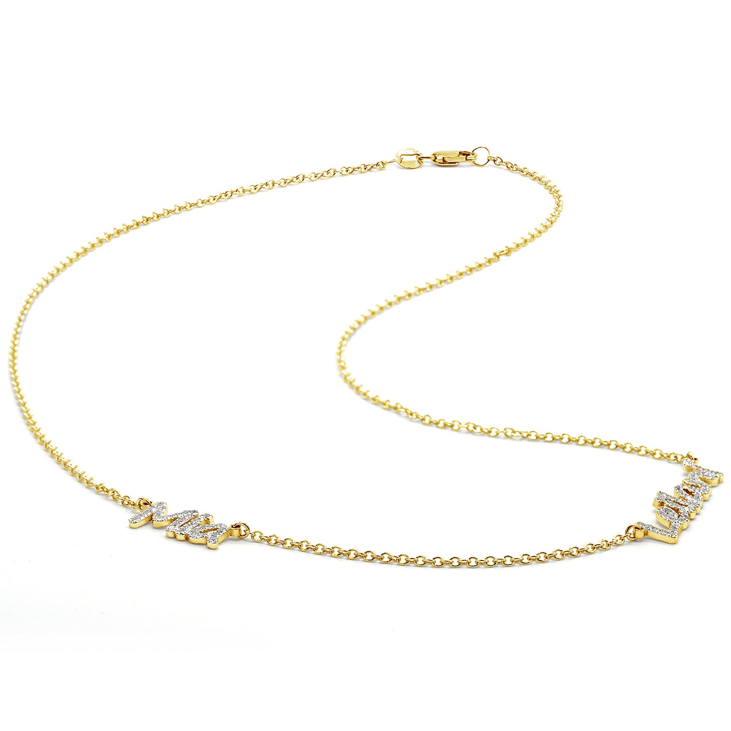 14kt. Gold and Diamonds Freestyle Script Name Necklace | 2 Names Pave Setting