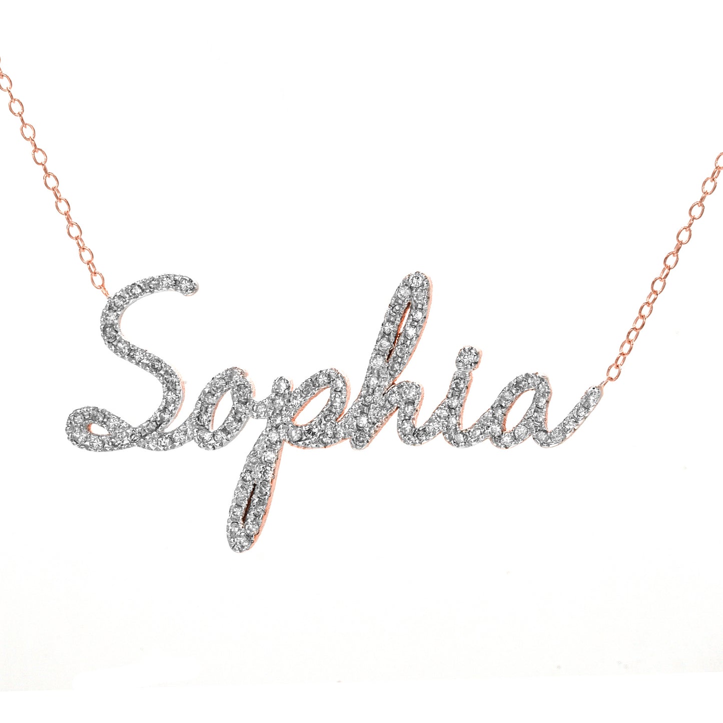 Custom 14kt. Gold and Pave Diamonds Freestyle Script Name Necklace | Large