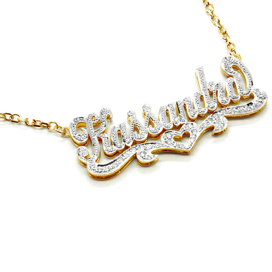Personalized 14K Gold and Diamonds Name Plate | Dual Plate Heart