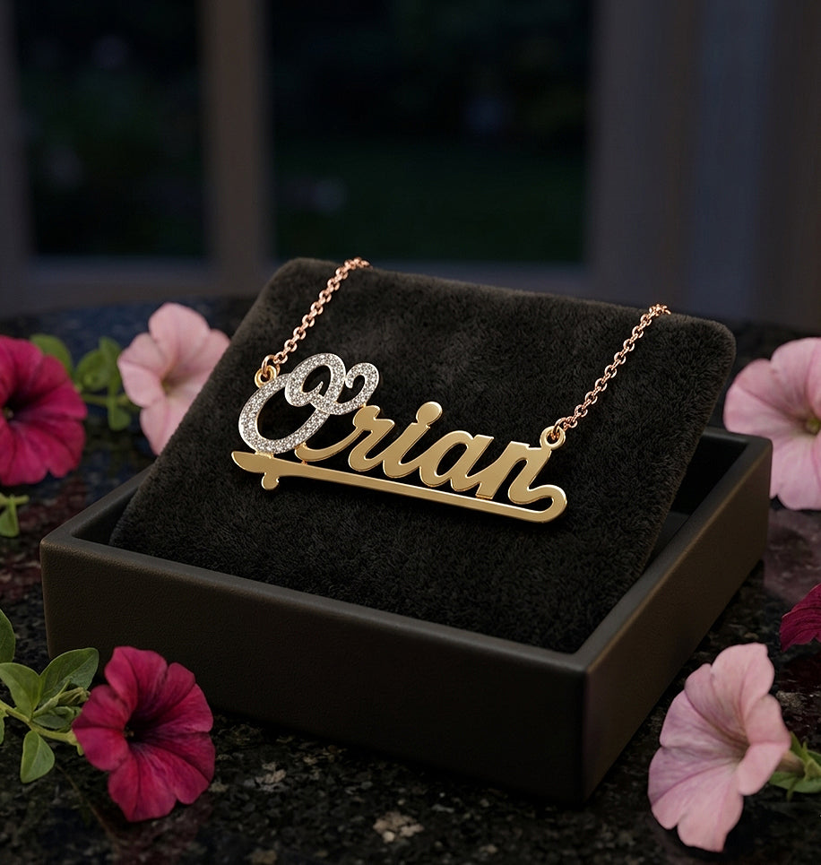 Diamonds on First Letter Name Pendant Charm Necklace in 14K Gold