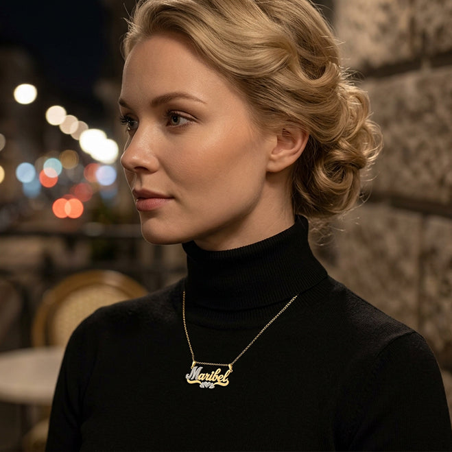 Double Bail Nameplate Pendant with Rhodium Sparkle in 14K Gold