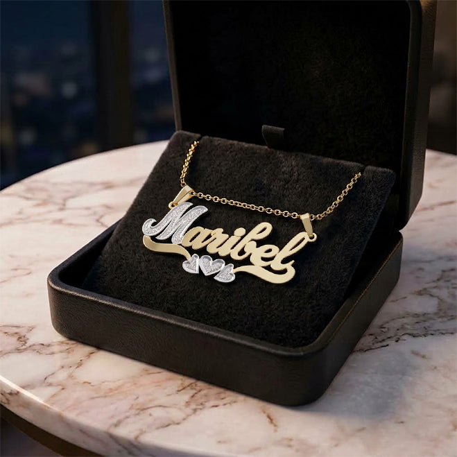 Double Bail Nameplate Pendant with Rhodium Sparkle in 14K Gold