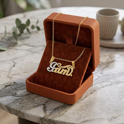 Double Bail Nameplate in 14K Gold with Rhodium Sparkle