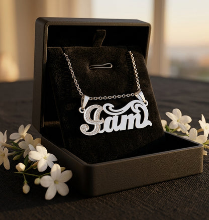 Double Bail Nameplate in Sterling Silver with Rhodium Sparkle
