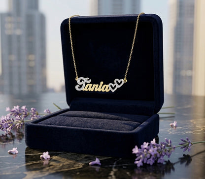 Double Heart Name Plate in 14kt. Gold with Sparkling First Letter