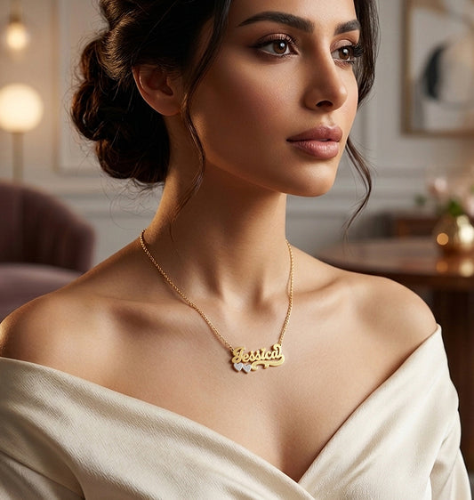Double Heart Nameplate Curb Chain Name Necklace in 14k Gold with Rhodium Sparkle