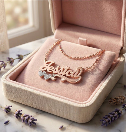 Double Heart Nameplate Curb Chain Name Necklace in 14k Gold with Rhodium Sparkle