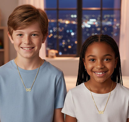 Double Initial Necklace in 14K Solid Gold on Curb Chain