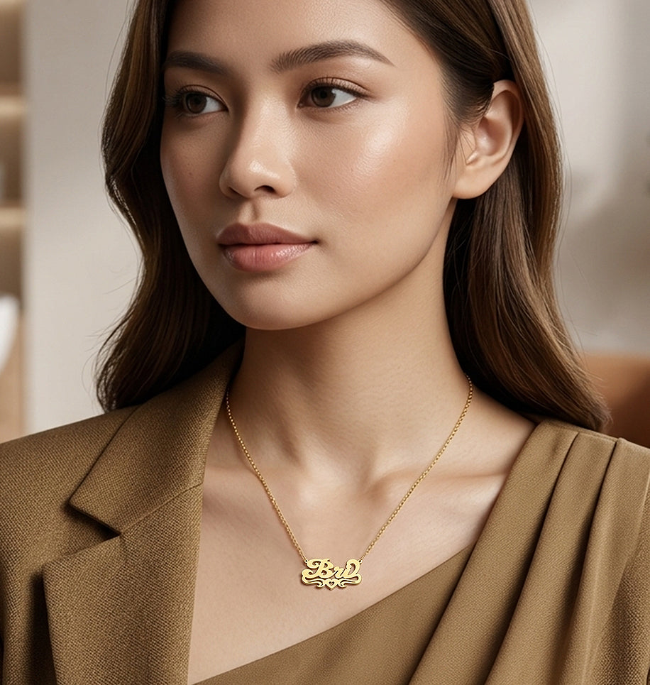 Double Layer Nameplate Necklace with Heart and Tail Flourish in High Polished 14K Gold