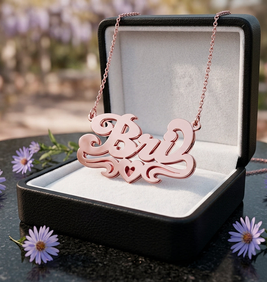Double Layer Nameplate Necklace with Heart and Tail Flourish in High Polished 14K Gold