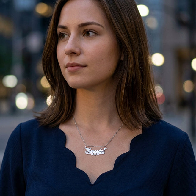 Double Layer Nameplate Pendant with Rhodium Sparkle. Double Bails for Attaching Chain