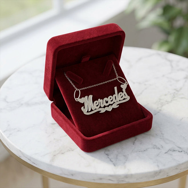 Double Layer Nameplate Pendant with Rhodium Sparkle. Double Bails for Attaching Chain