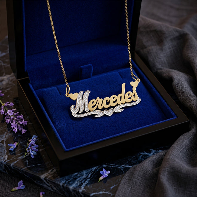 Double Layer Nameplate Pendant with Rhodium Sparkle. Double Bails for Attaching Chain