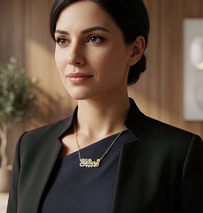 Double Layered Nameplate Necklace with Rhodium Sparkle on First Initial in 14K Gold