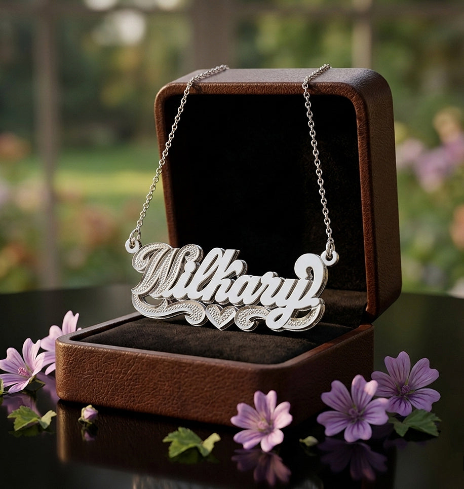 Double Layered Nameplate Necklace with Rhodium Sparkle on First Initial in 14K Gold