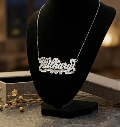 Double Layered Nameplate Necklace with Rhodium Sparkle on First Initial in Sterling Silver