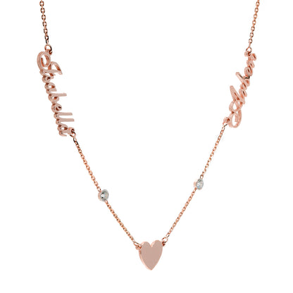 14K Gold Necklace with Two Diamonds, Two Names and Heart