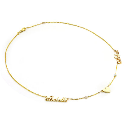 14K Gold Necklace with Two Diamonds, Two Names and Heart