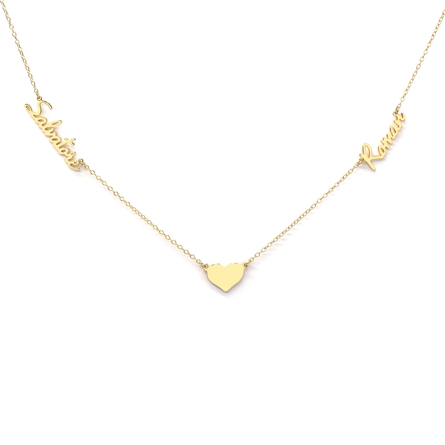 Personalized 2 Name Necklace with Heart Charm in Solid 14K Gold