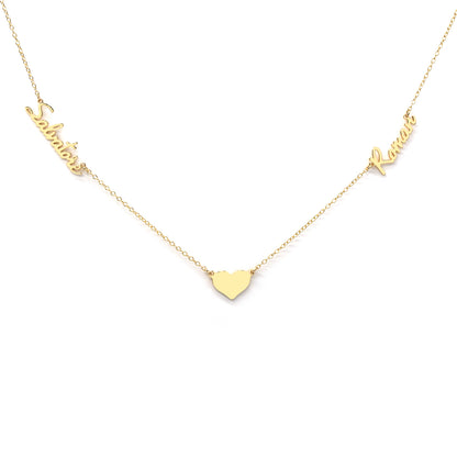 Personalized 2 Name Necklace with Heart Charm in Solid 14K Gold