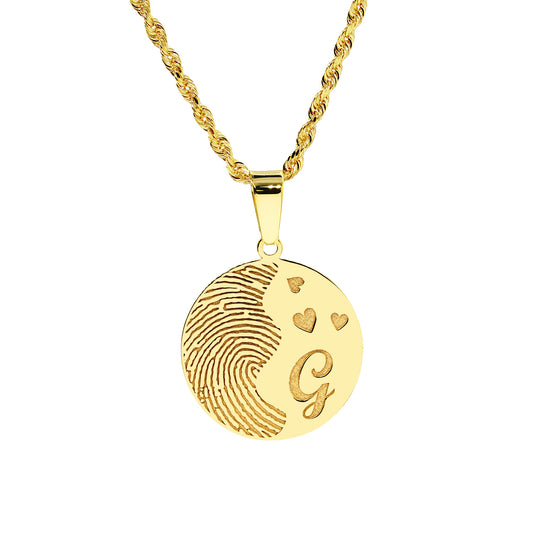 Custom Fingerprint Disc Charm Pendant with Hearts and Initial in 14K Gold