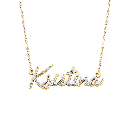 Custom 14kt. Gold Freestyle Script Nameplate Necklace | Rhodium Sparkle!