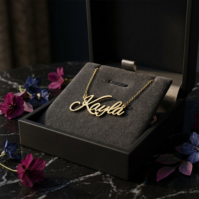 Fancy Script Name Necklace in High Polished 14K Gold