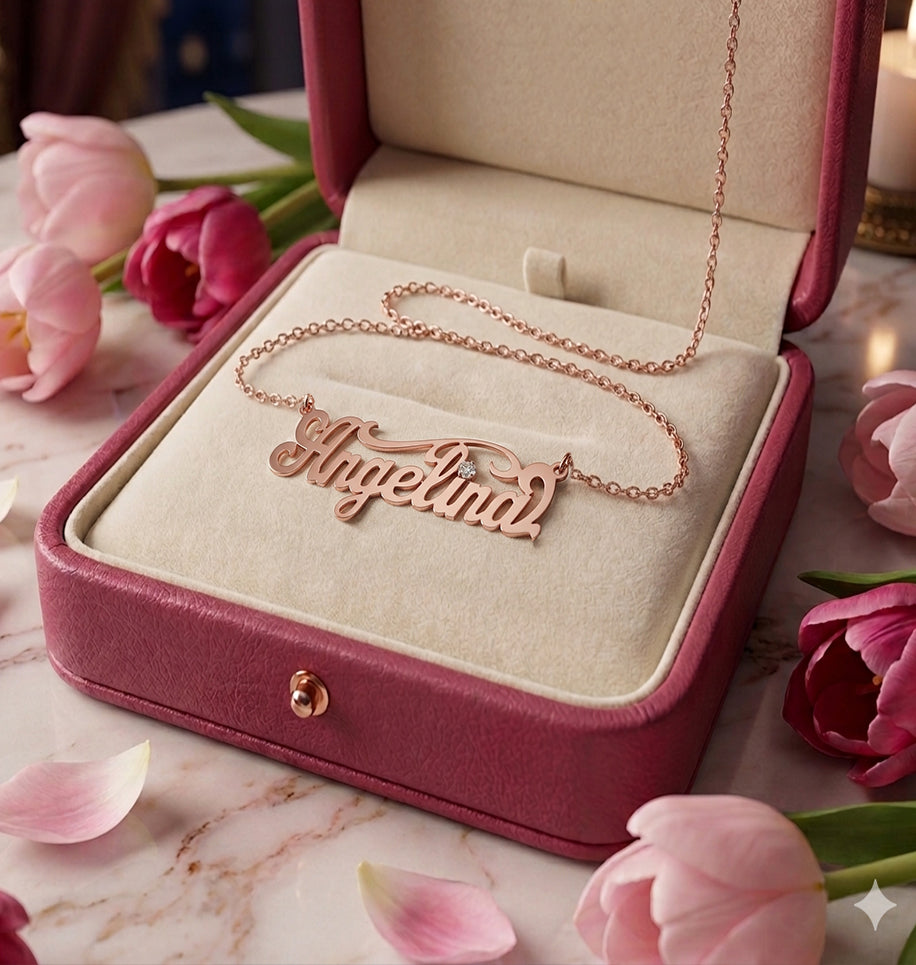 Fancy Script Nameplate Necklace with Accent Diamond option in High Polish 14K Gold