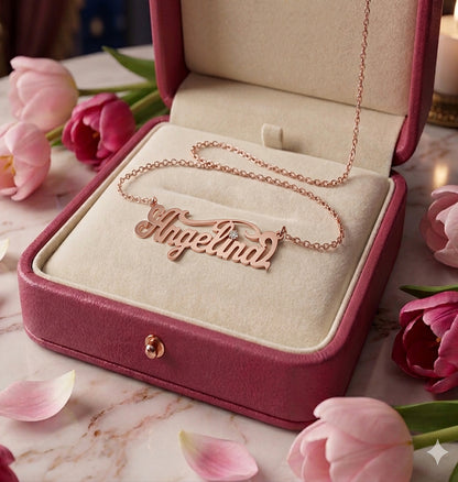 Fancy Script Nameplate Necklace with Accent Diamond option in High Polish 14K Gold