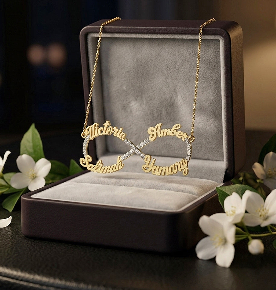 Four Name Infinity Necklace in 14K Gold and 0.25ct of Diamonds | Personalize with the Names of your Choice!