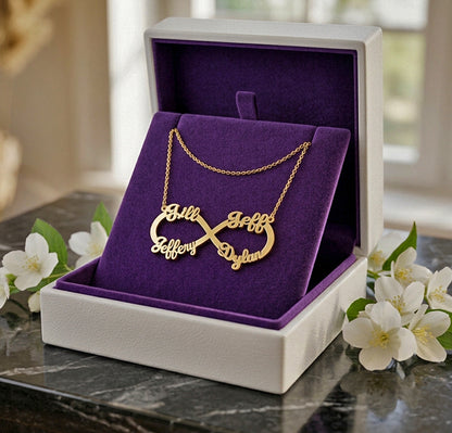 Four Name Infinity Necklace in solid 14K Gold