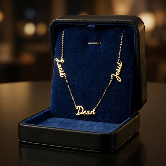 Freestyle Script Multiple Name Necklace in High Polished 14K Gold | 3/8" Tall