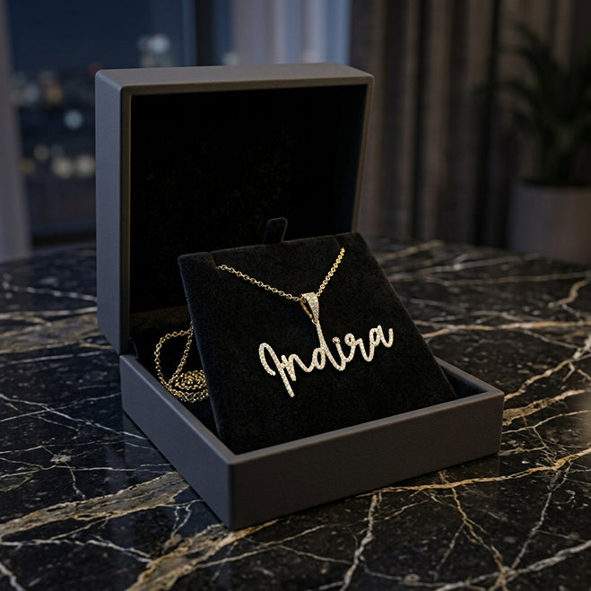 Freestyle Script Name Pendant Charm Covered in Diamonds in 14K Gold