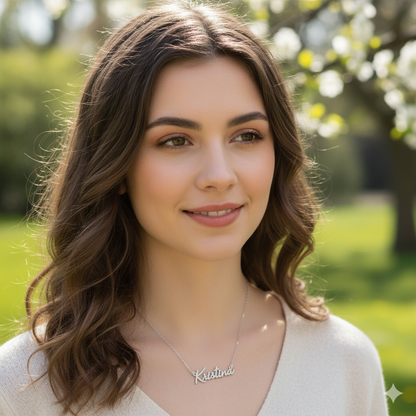 Custom Sterling Silver Freestyle Script Nameplate Necklace | Rhodium Sparkle!