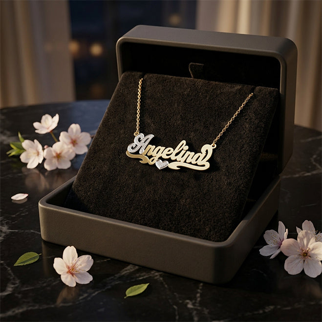 Heart Nameplate in High Polished 14K Gold with Rhodium Sparkles