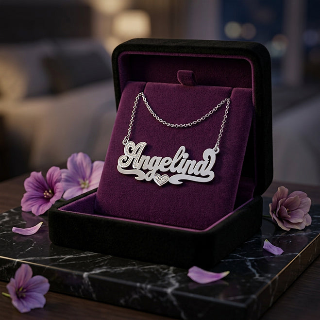 Heart Nameplate in High Polished Sterling Silver with Rhodium Sparkles