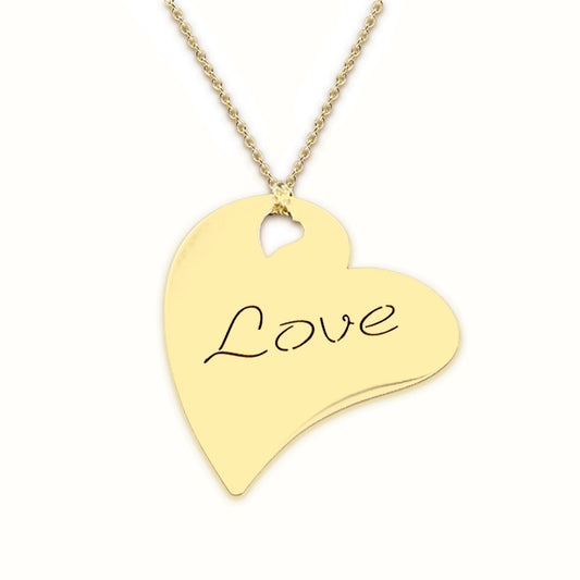 14K Gold Heart and Love Pendant Necklace
