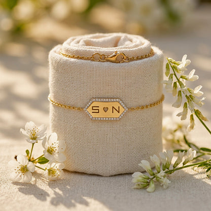 Hexagon ID Bracelet in 14K Gold and Diamonds