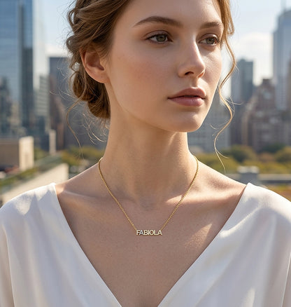 High Polish 14K Gold Name Necklace where 2nd Letter is Covered in Diamonds