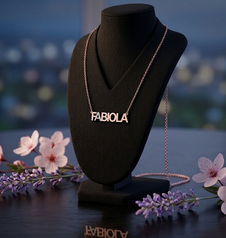 High Polish 14K Gold Name Necklace where 2nd Letter is Covered in Diamonds