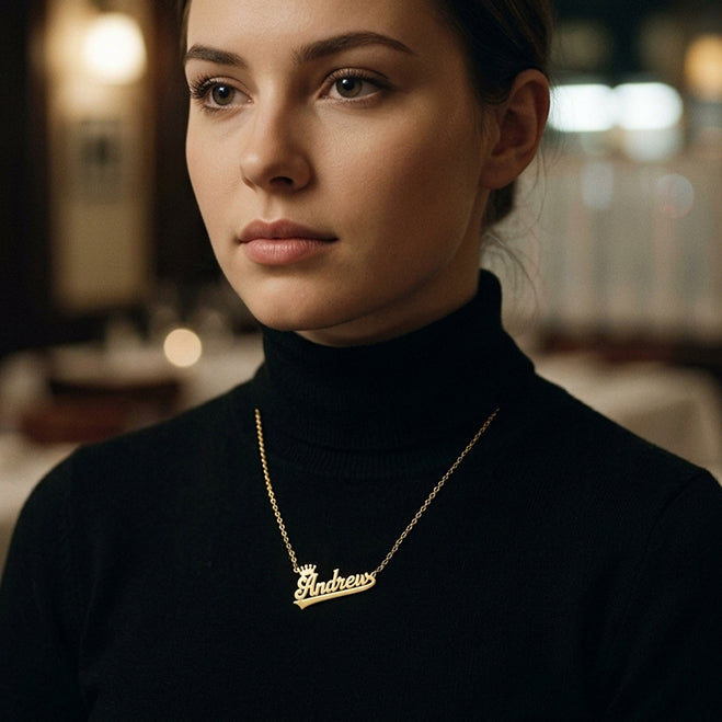 High Polish Name Pendant with Crown. Set in 14K Gold