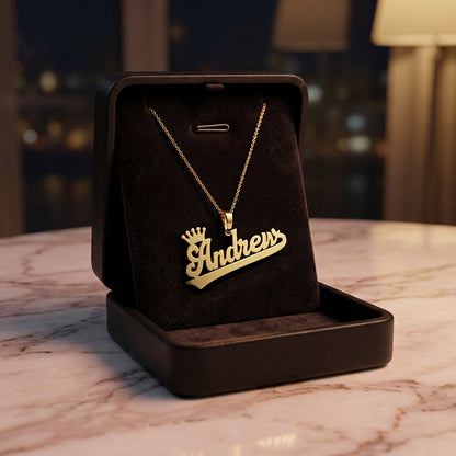 High Polish Name Pendant with Crown. Set in 14K Gold