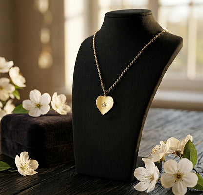 High Polished 14K Gold Heart with Diamond in the Middle | Engravable Back