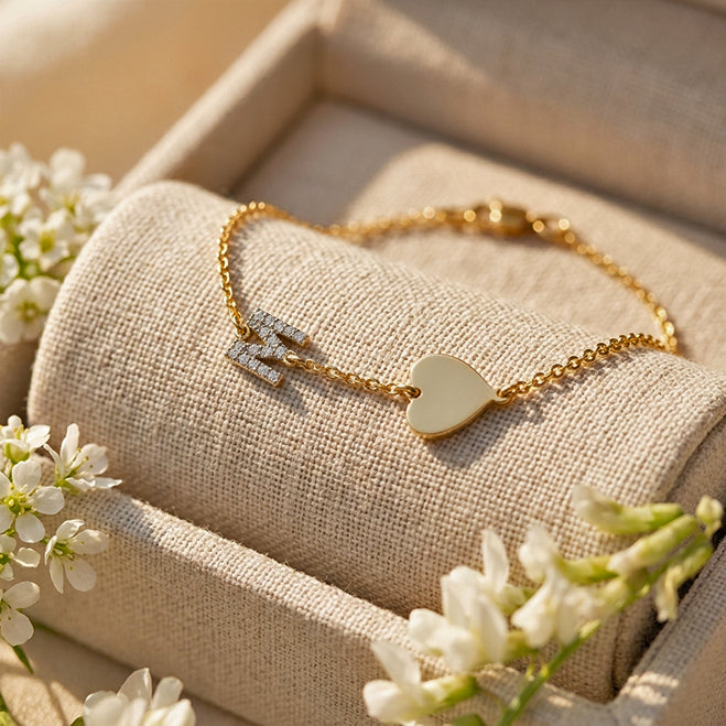 High Polished Heart and Diamond Initial Charm Bracelet in 14K Gold